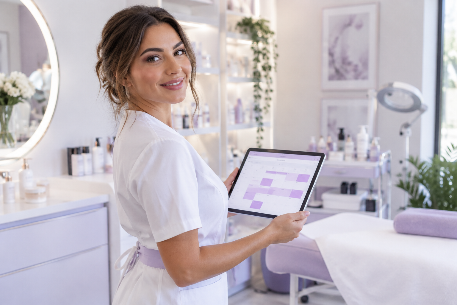 A smiling beauty professional holding a tablet with the Orlina agenda open, standing in a clean, mod