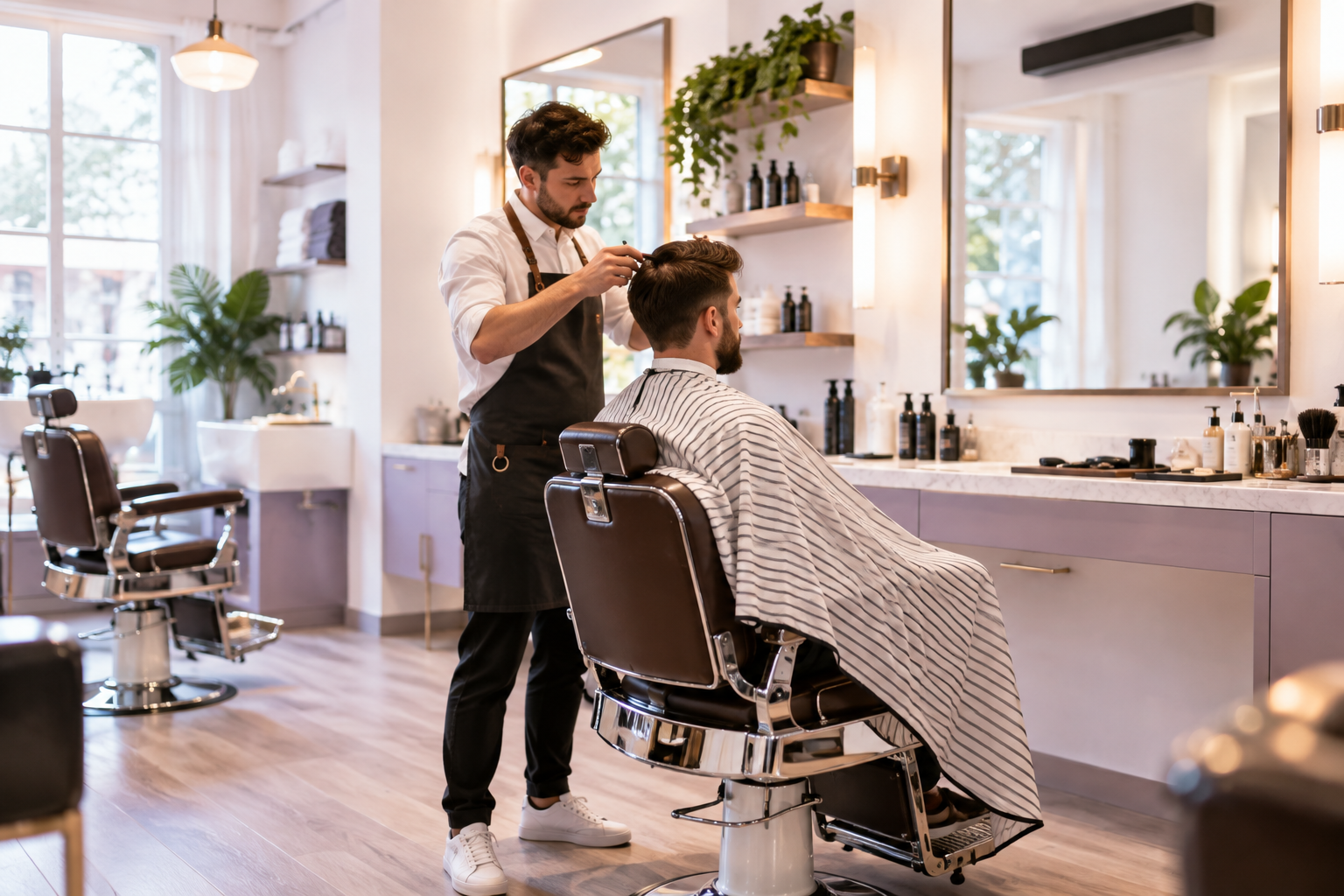 A modern barbershop interior with vintage chairs, a soundbar mounted on the wall, and a barber cutti