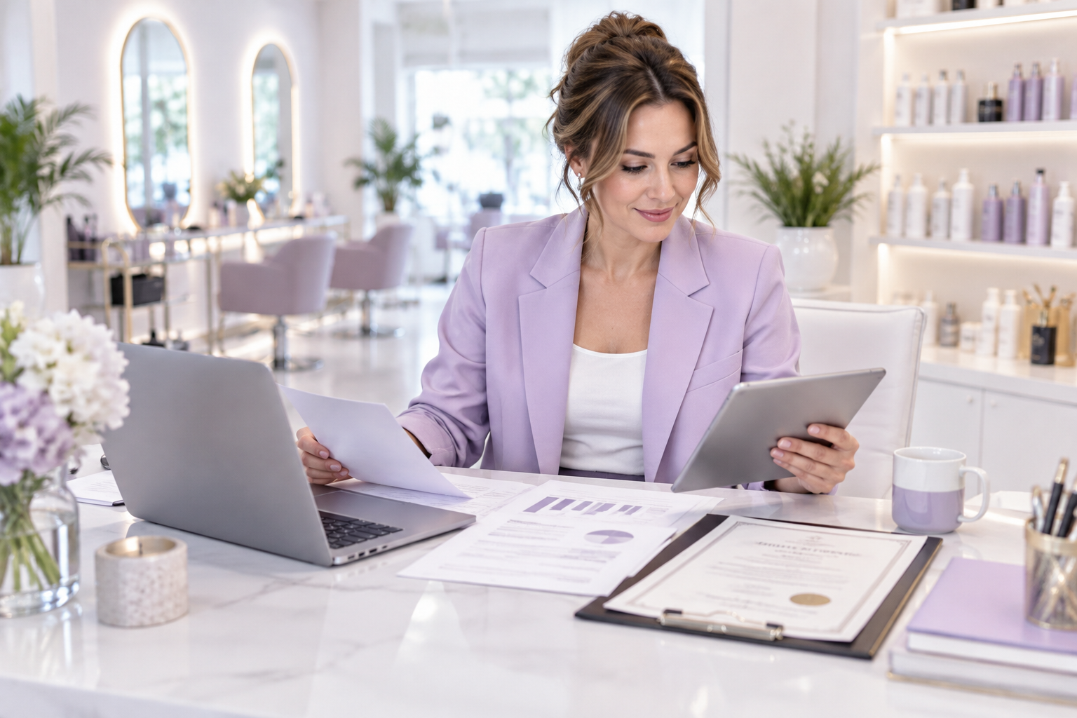 A beauty salon owner at a desk looking at a laptop and a tablet, reviewing financial documents and a