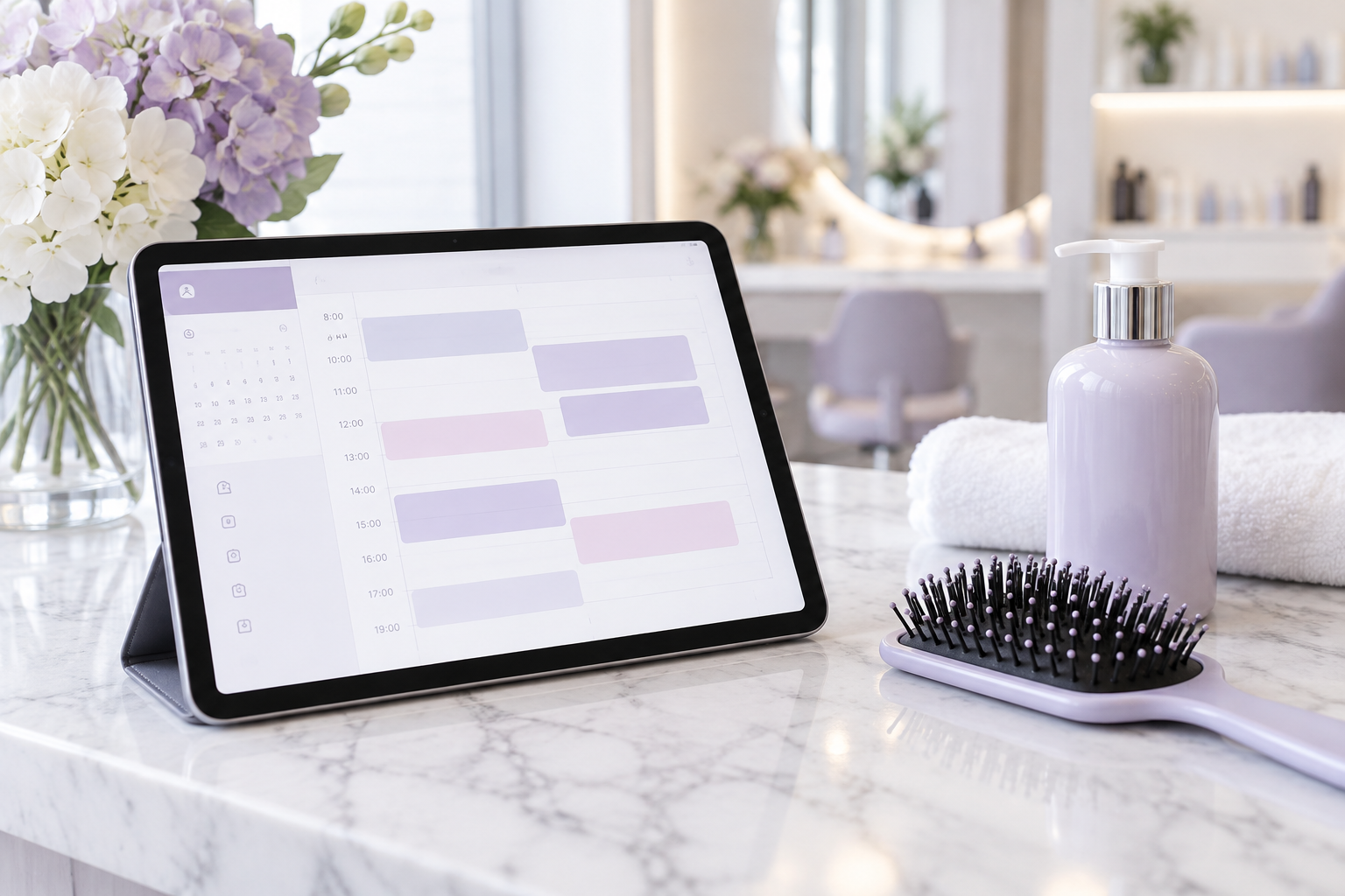 A close-up of a tablet showing a scheduling agenda with several appointments and a "Powered by Orlin