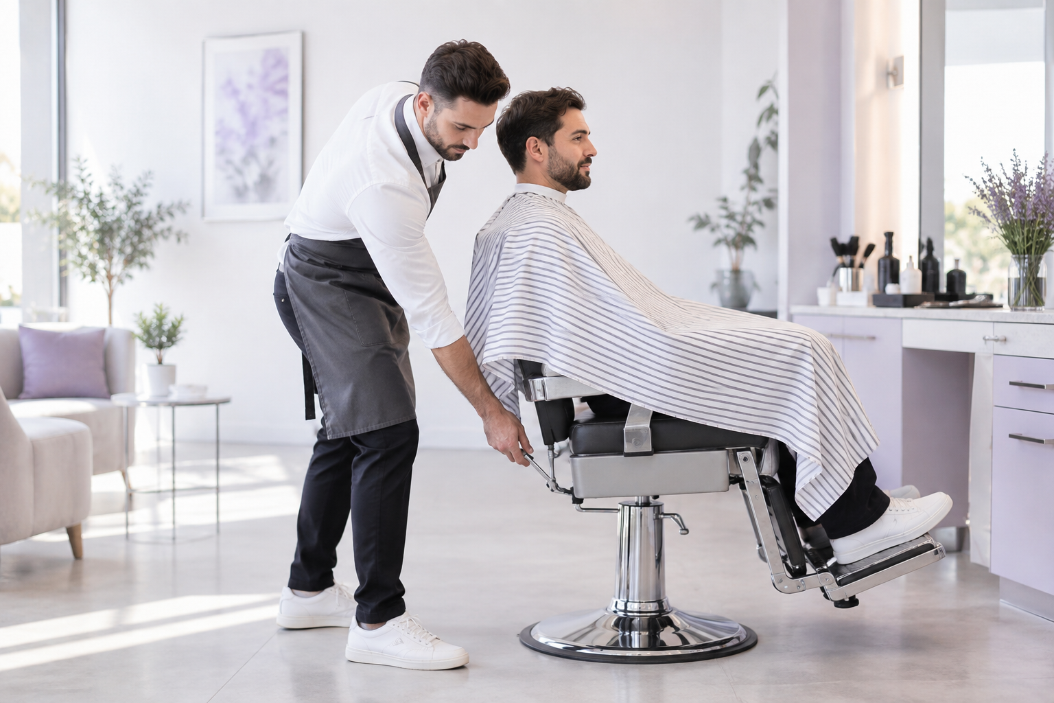 A professional barber adjusting a hydraulic chair to the correct height while a client sits comforta