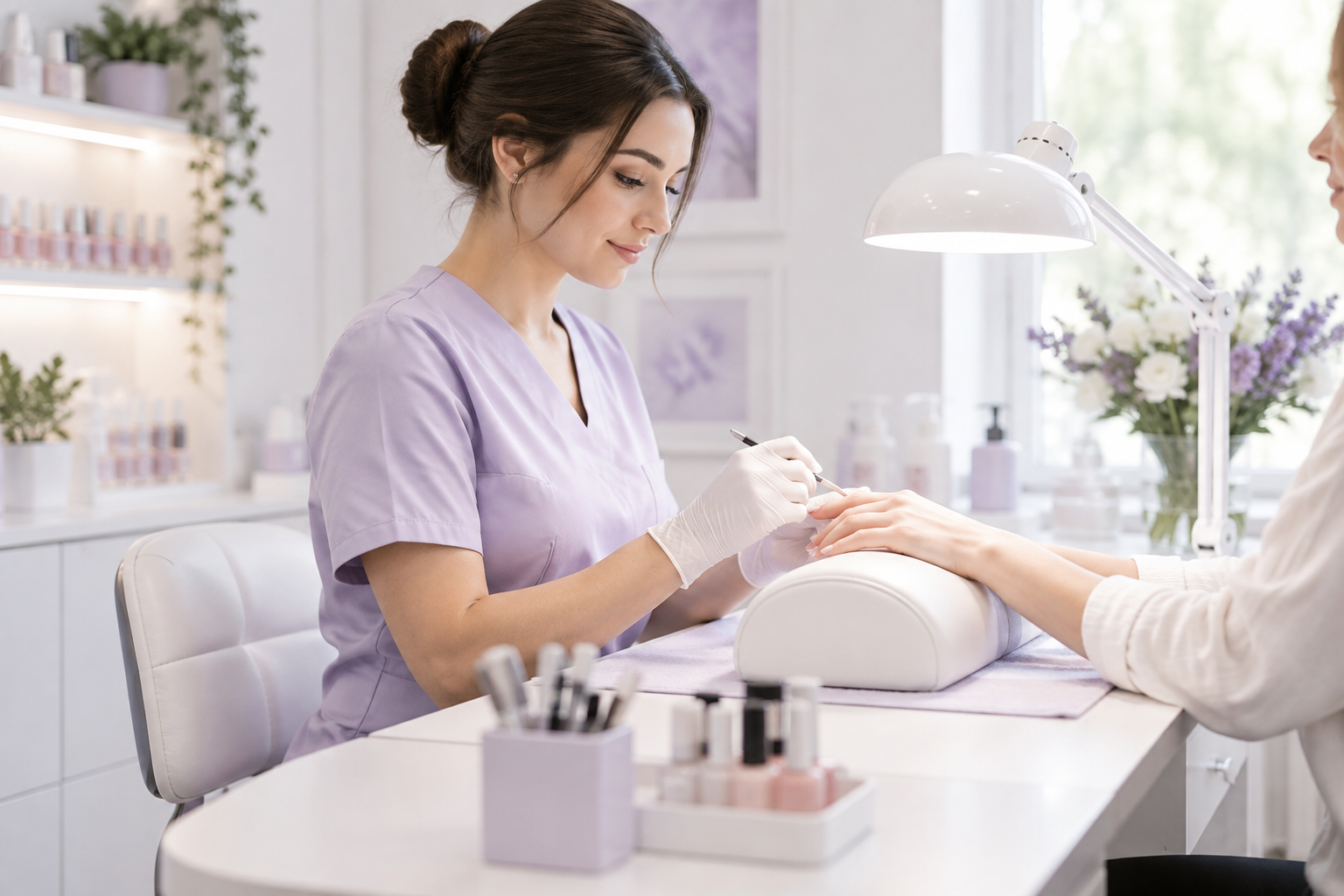 A professional manicure working at a well-lit desk with an ergonomic hand rest, maintaining a straig