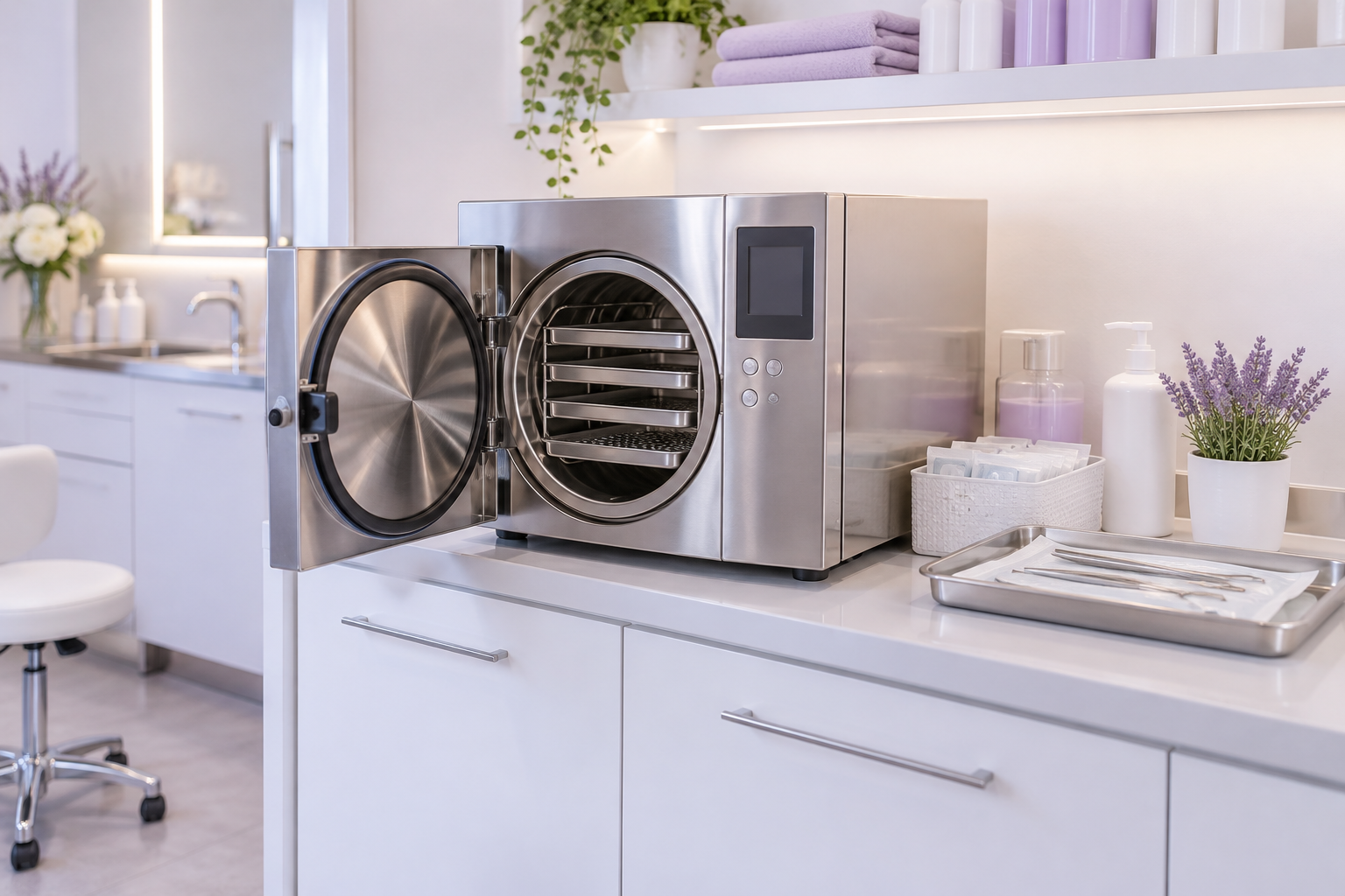 A professional autoclave inside a clean, organized sterilization room of a beauty salon, stainless s