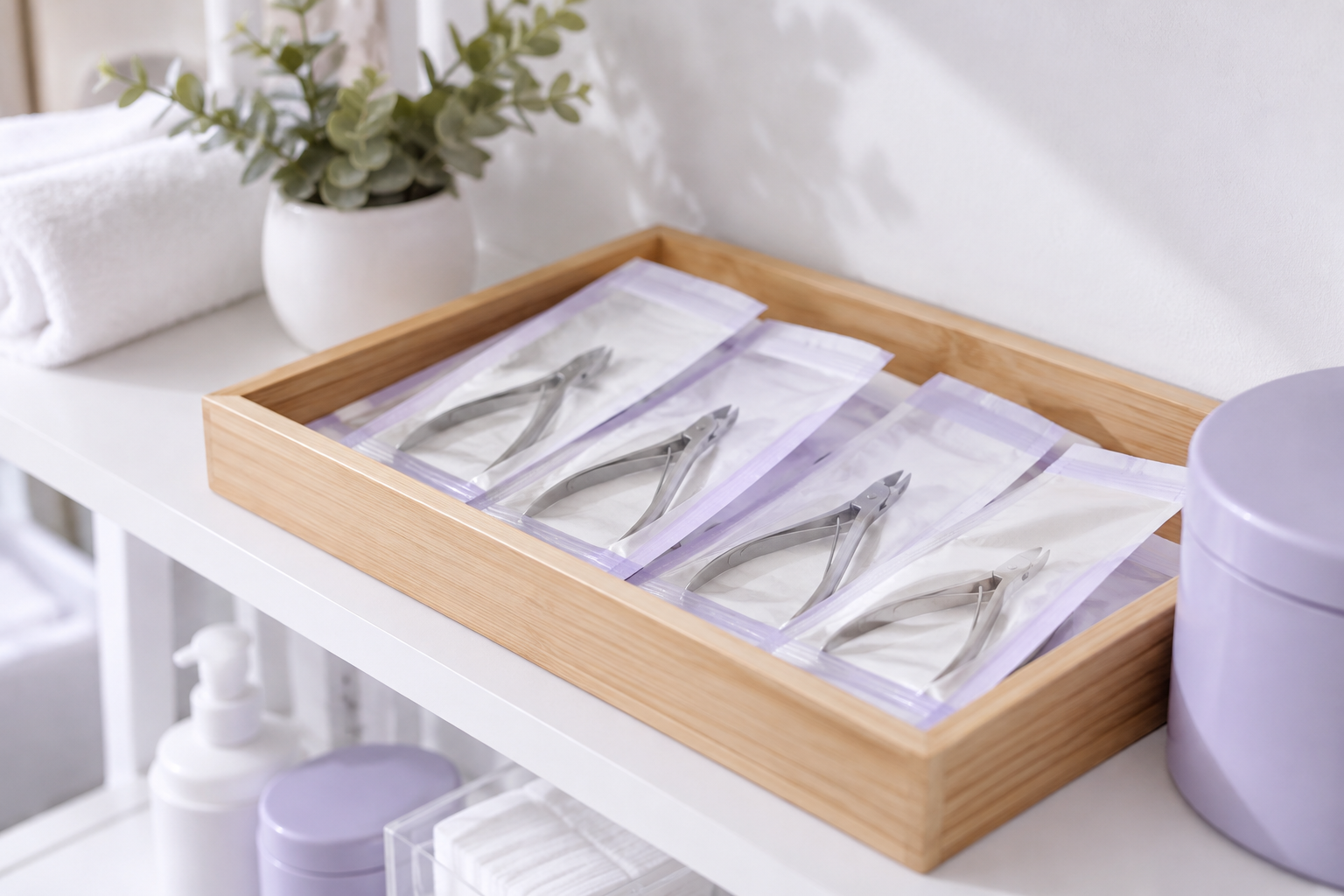 A wooden tray with several sealed surgical grade paper pouches containing nail clippers, placed neat