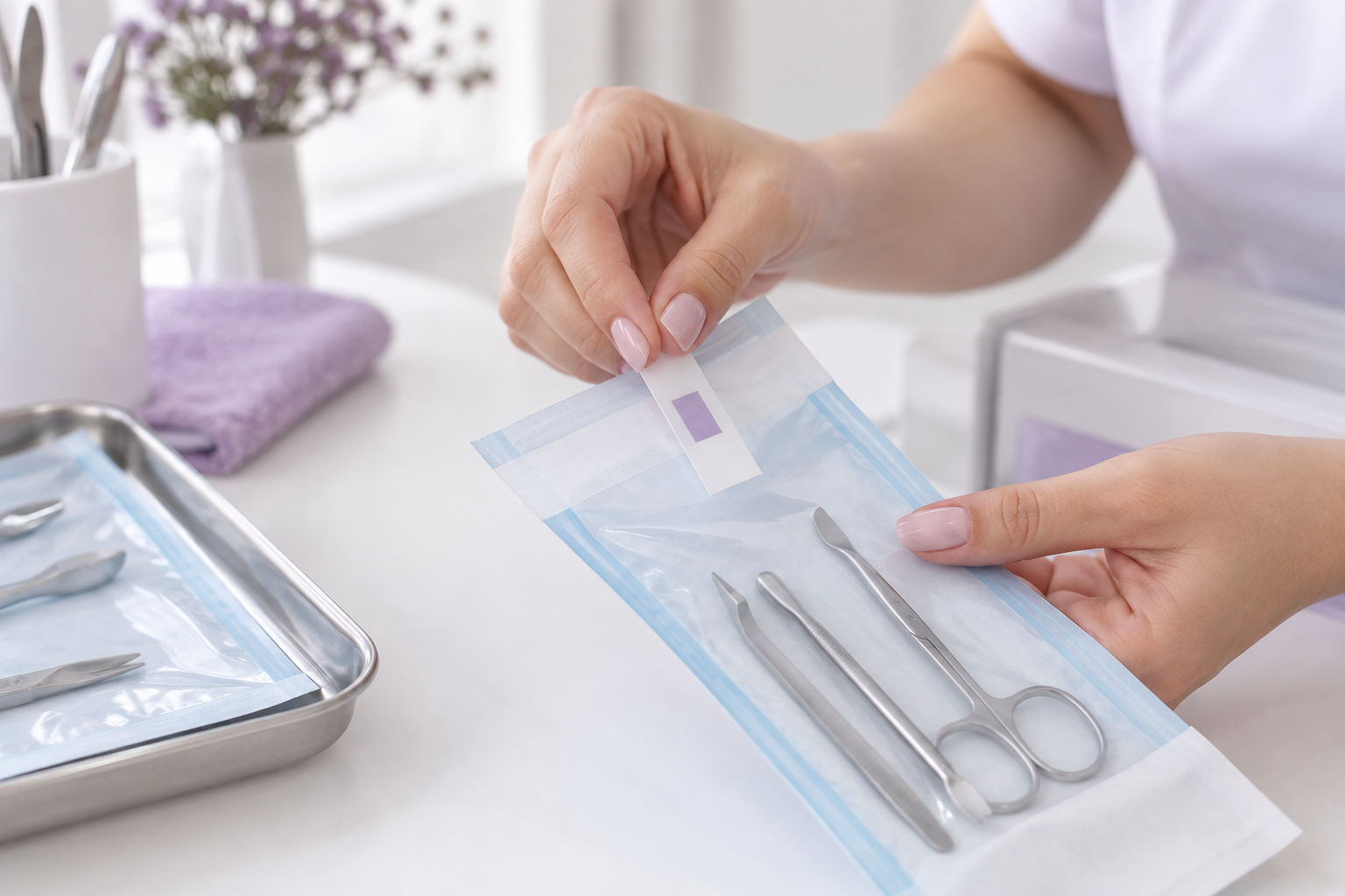 A close-up of a manicurist's hand placing a chemical indicator strip inside a sterilization pouch, f
