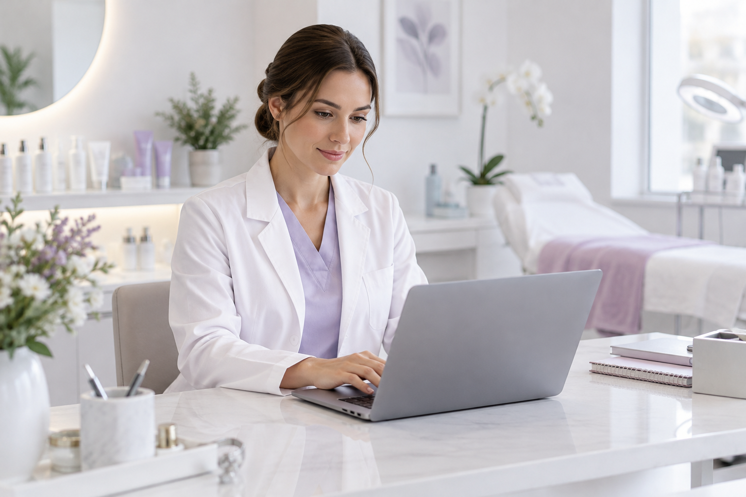 A professional in a white lab coat organizing a digital file on a laptop, with a clean and organized