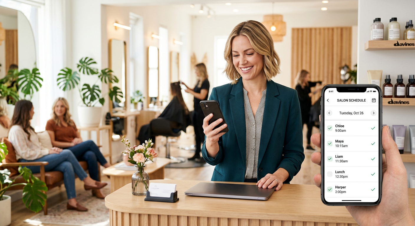 A business owner smiling while looking at her smartphone in a bright modern salon, a clean appointme
