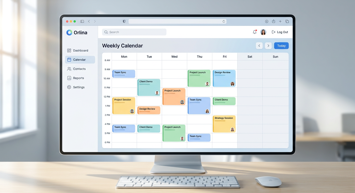 A clean and modern web dashboard of Orlina showing a weekly calendar view with various colorful appo