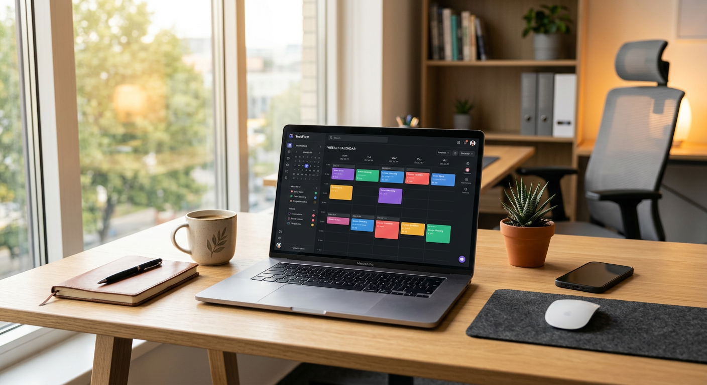 A modern office desk with a laptop showing a clean and organized digital scheduling dashboard, warm 