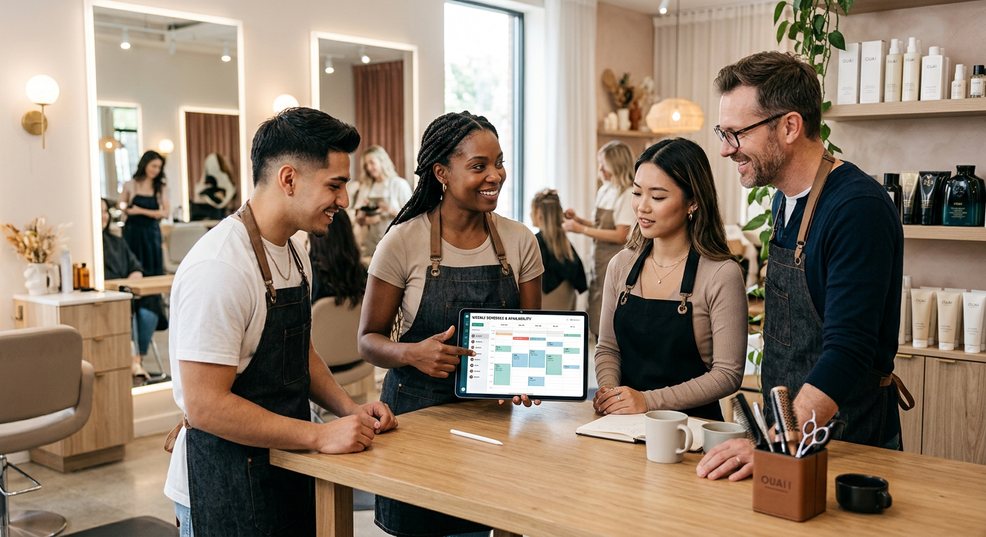 A diverse team of beauty professionals collaborating around a tablet in a stylish salon, discussing 