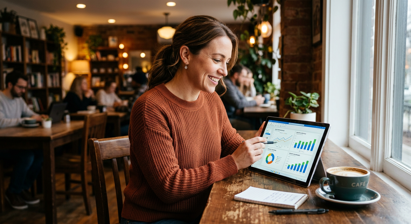 A small business owner happily reviewing sales charts and performance dashboards on a tablet in a co