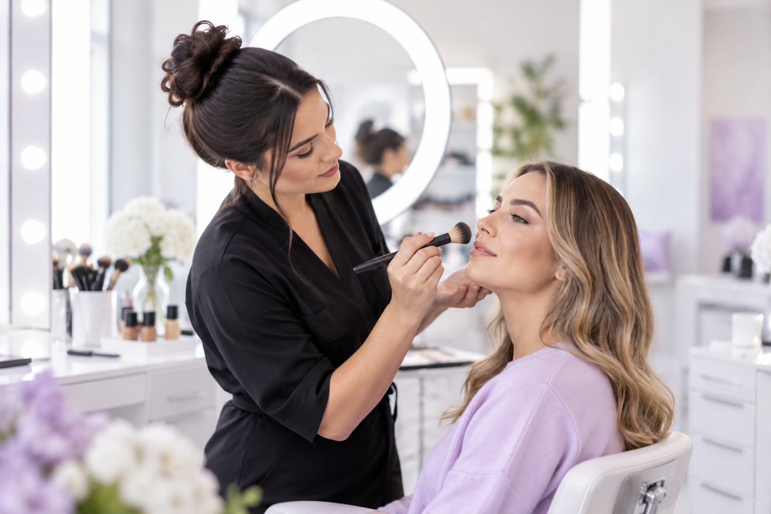A professional makeup artist applying foundation to a client in a well-lit studio, focusing on the r