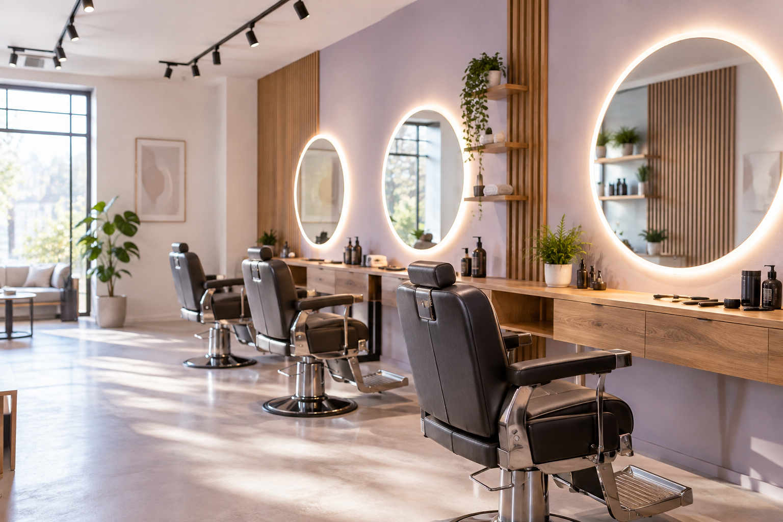 A small, modern barbershop with black industrial track lighting on the ceiling and mirrors with circ