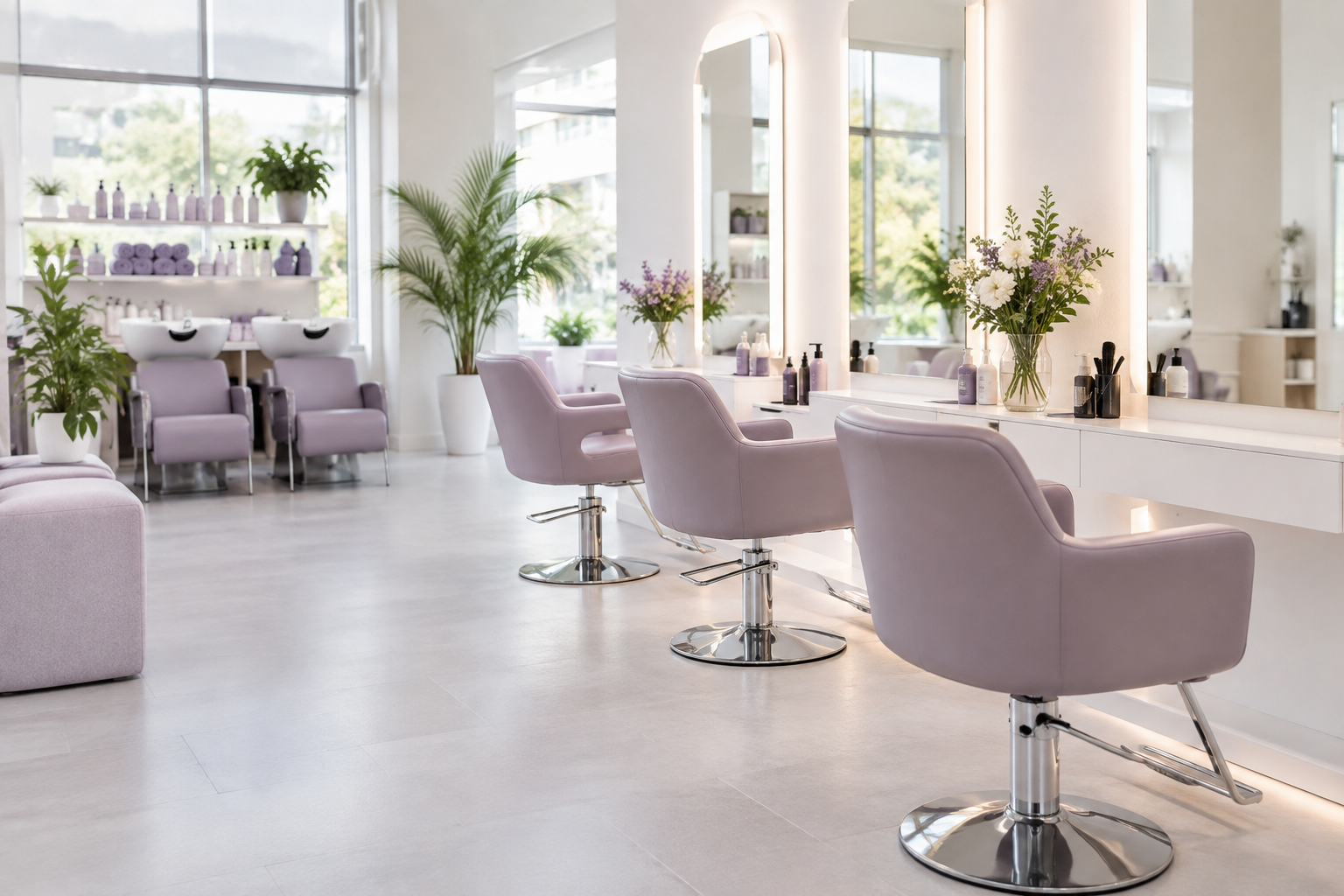 A modern hair salon interior with professional equipment, clean stations, and a professional atmosph
