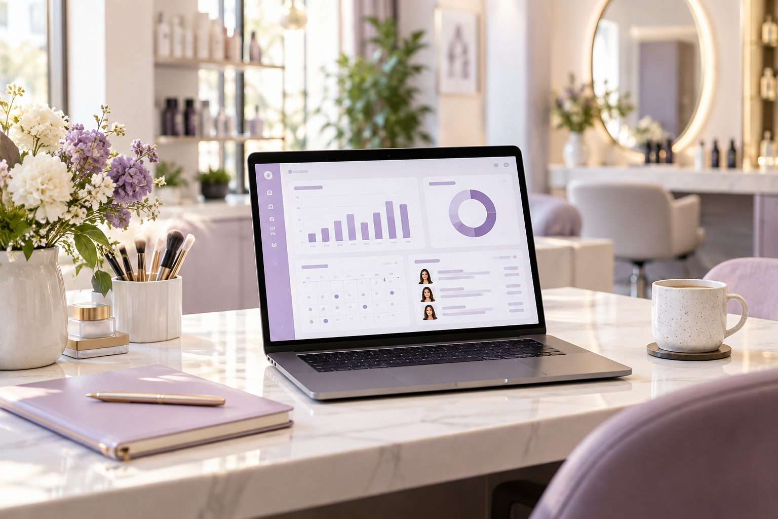 A professional office desk with a laptop showing a management dashboard for a beauty salon, showing 