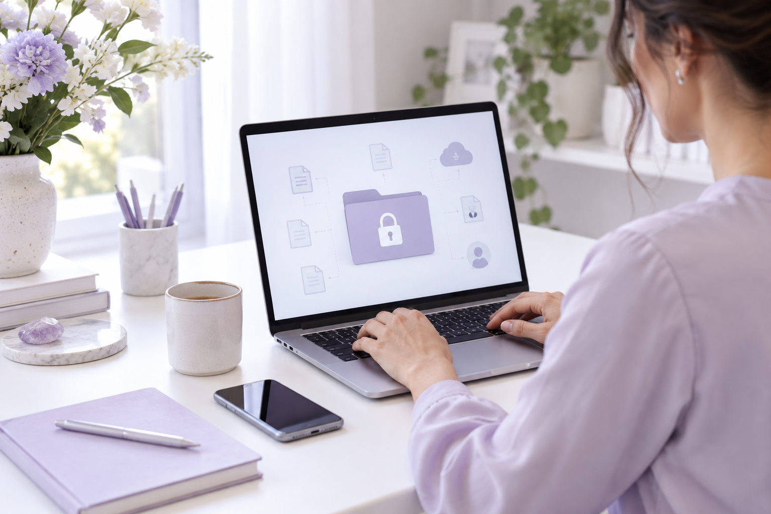 A professional organizer setting up a digital filing system on a laptop, clean minimalist desk, soft