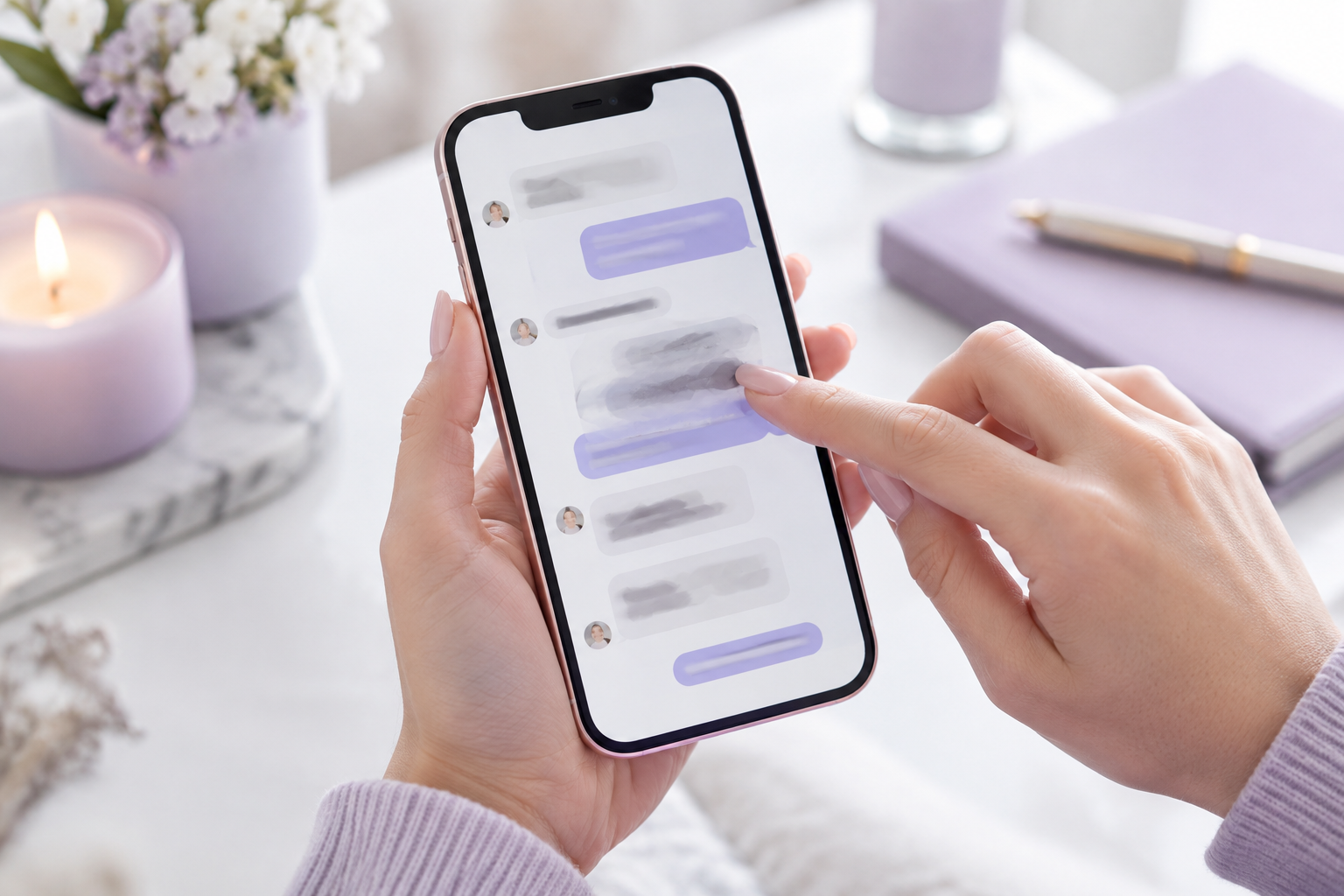 Close-up of a hand using a smartphone to blur out personal information on a chat screenshot before p