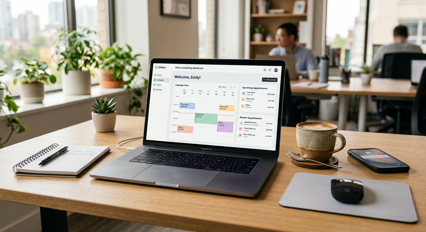 A modern office desk with a laptop showing the Orlina scheduling dashboard, warm natural lighting, p