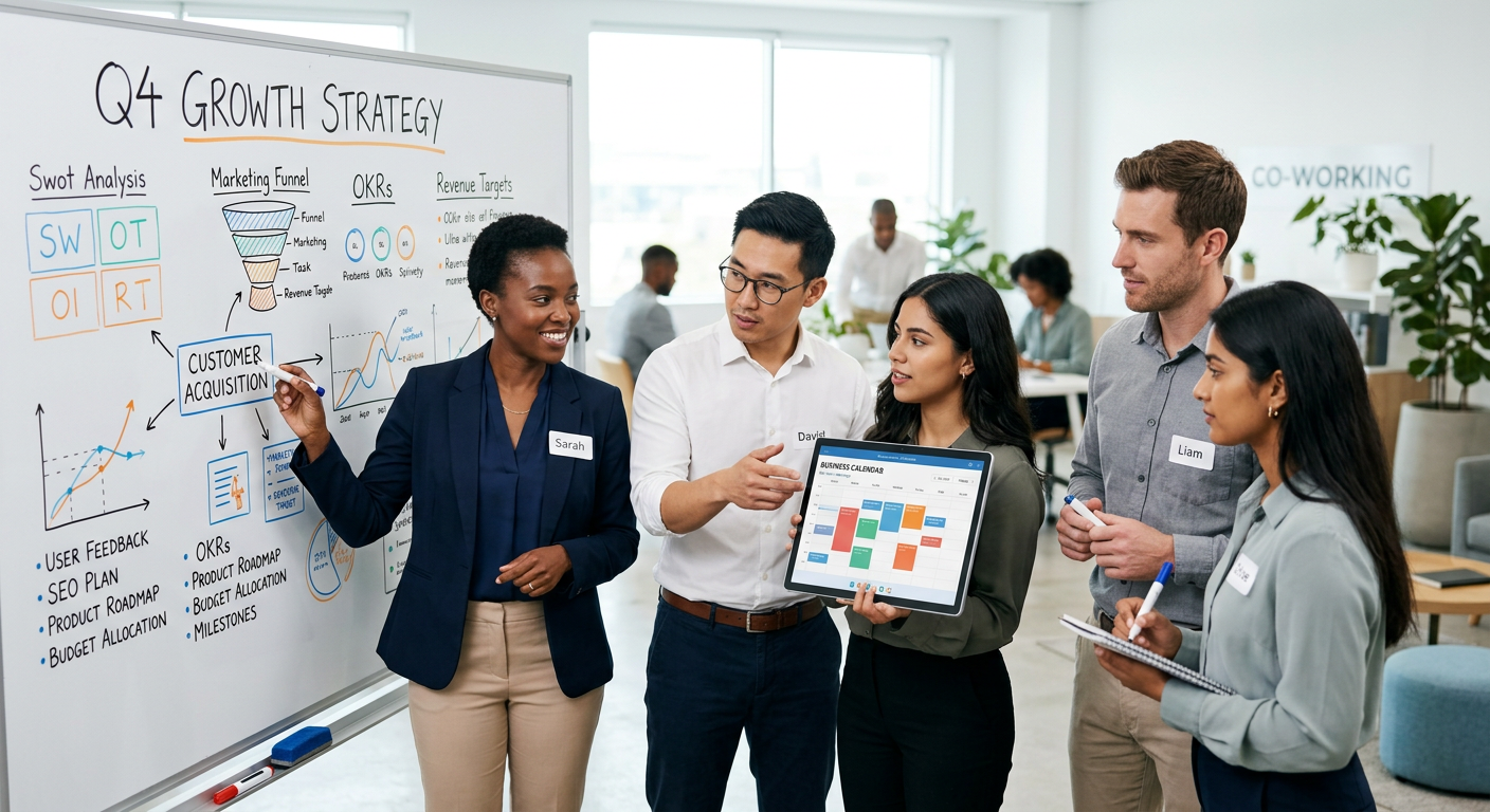 A diverse team of entrepreneurs collaborating around a whiteboard with business strategy diagrams an