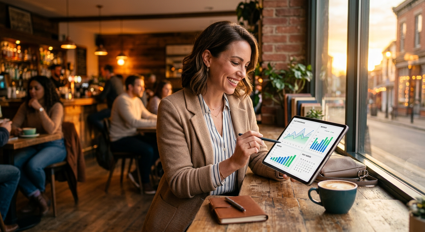 A small business owner happily reviewing sales charts and their daily agenda on a tablet in a cozy,