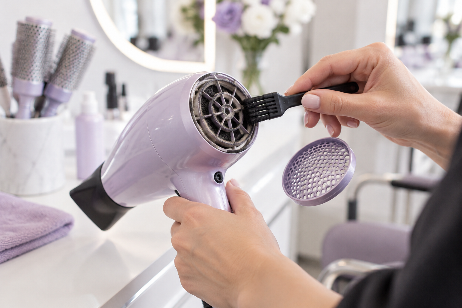 A close-up of a professional hair dryer with its back filter removed, showing a stylist cleaning it 