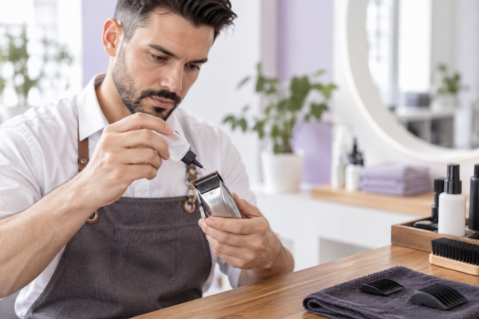 A barber meticulously applying drops of oil to the blades of a silver hair clipper, focused expressi