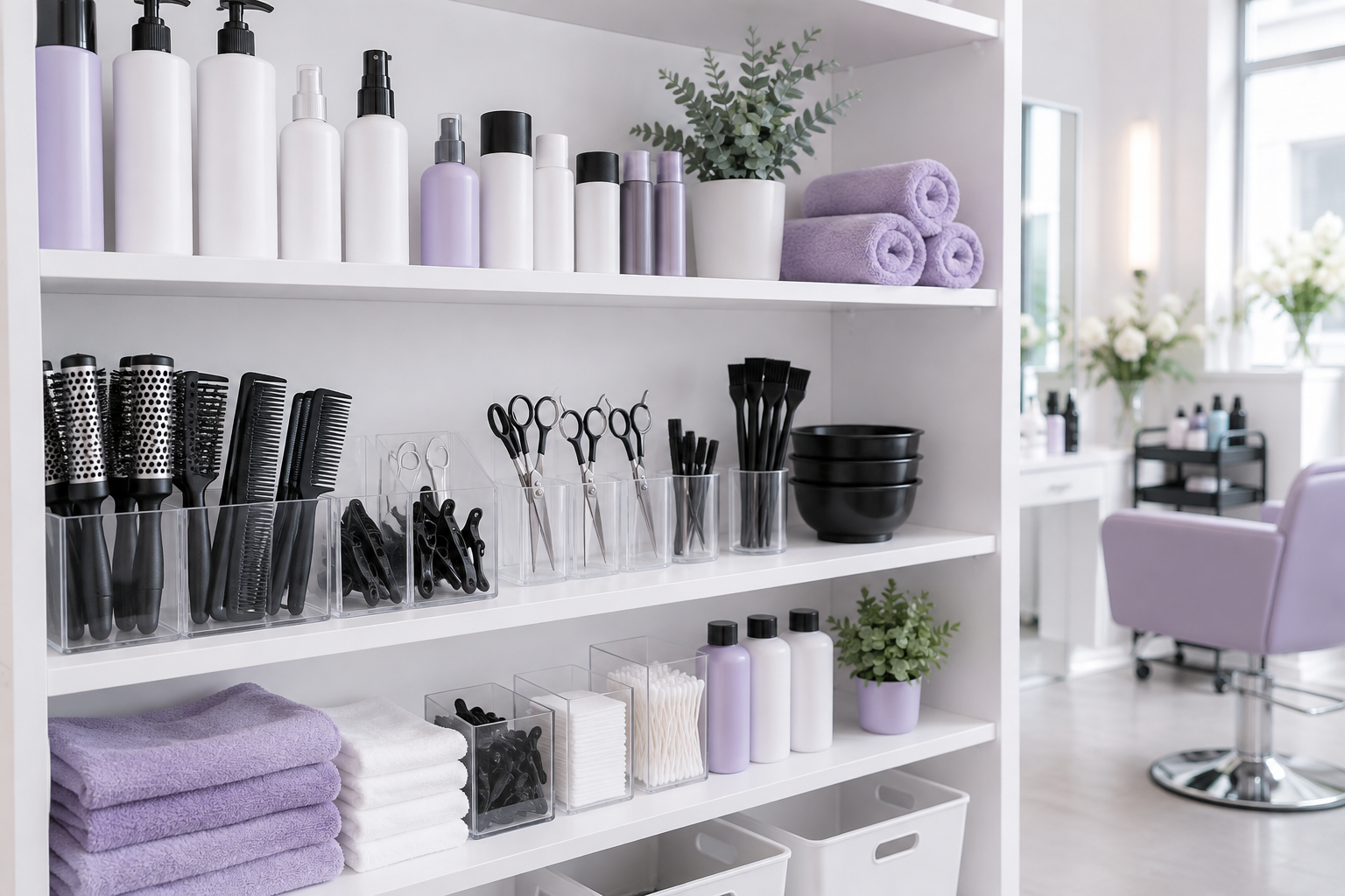 A neat organizational shelf in a salon backroom with various professional tools labeled and ready fo