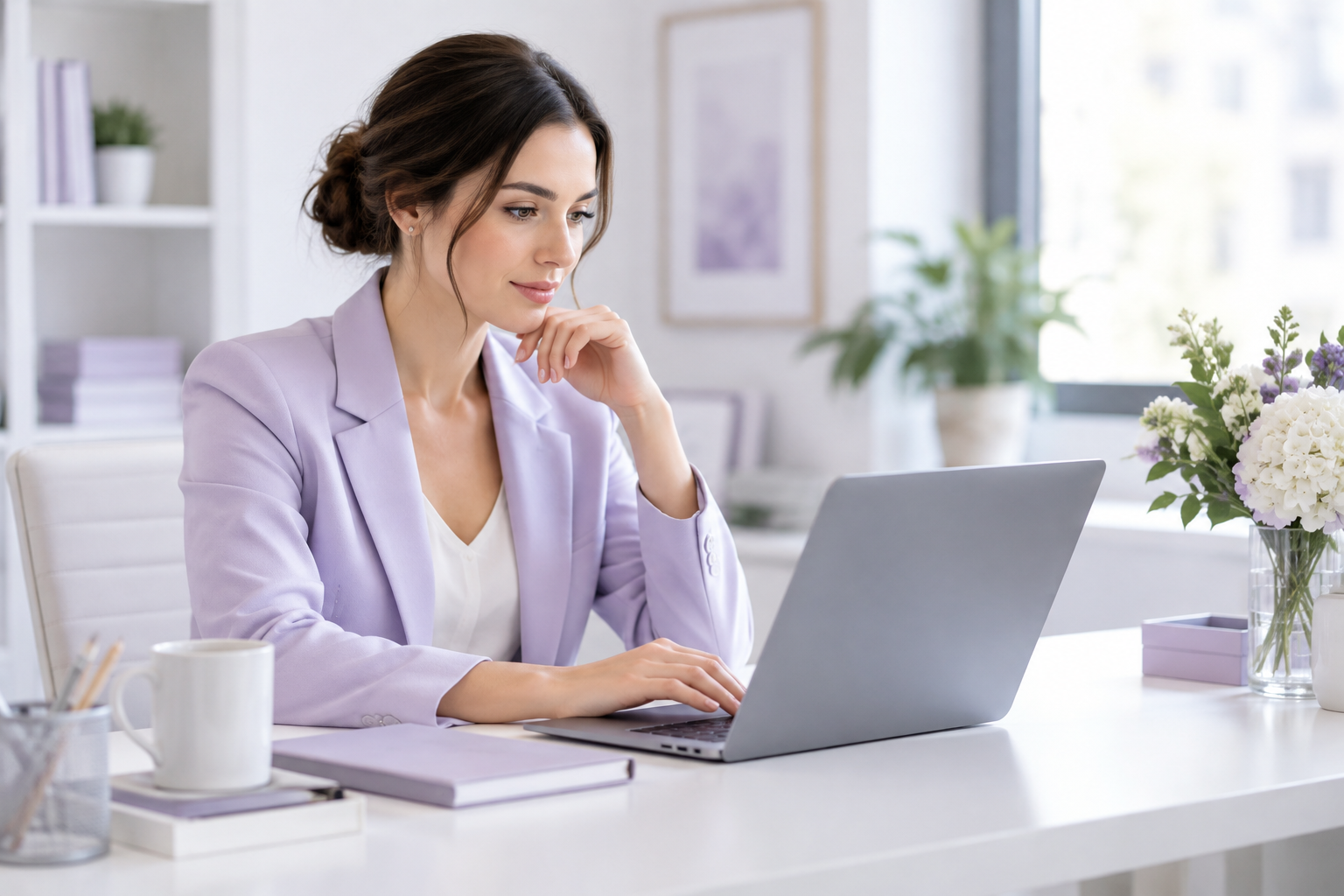 A professional woman sitting at a clean office desk with a laptop, looking at a government website, 