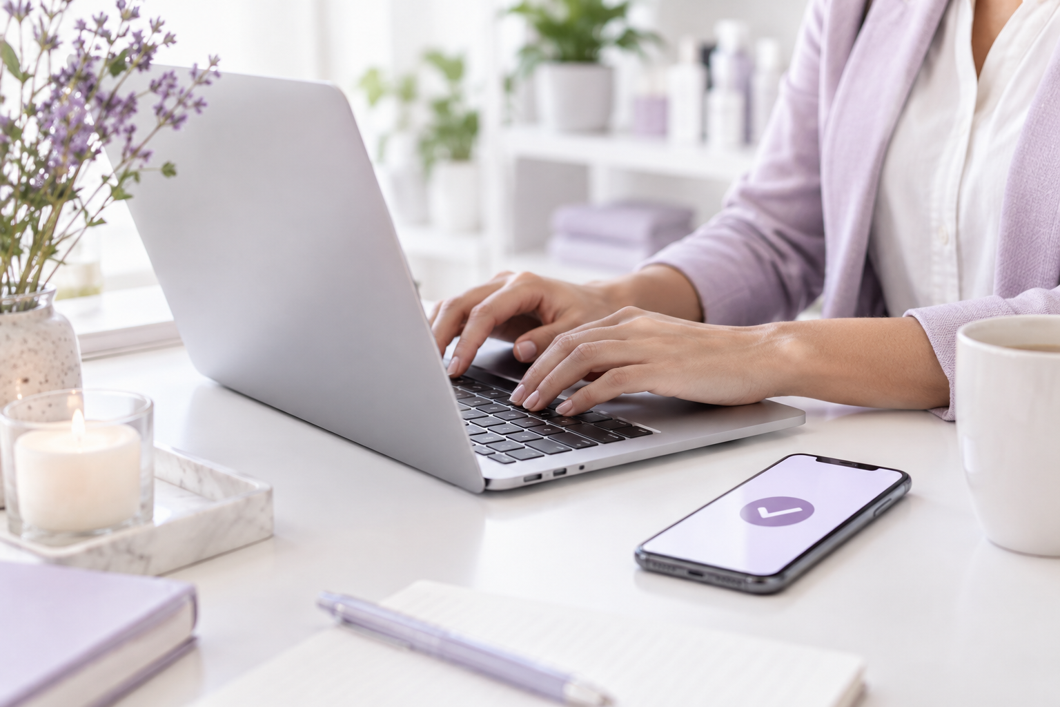 Close-up of a person's hands typing on a laptop keyboard, a smartphone next to it showing a successf