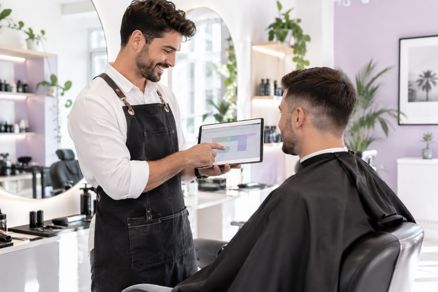 A barber in a modern shop showing a digital schedule to a client on a tablet, vibrant colors and sty