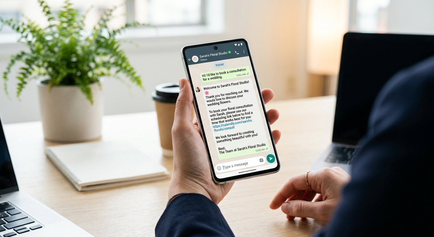 A smartphone screen showing a WhatsApp Business conversation with an automated greeting message cont