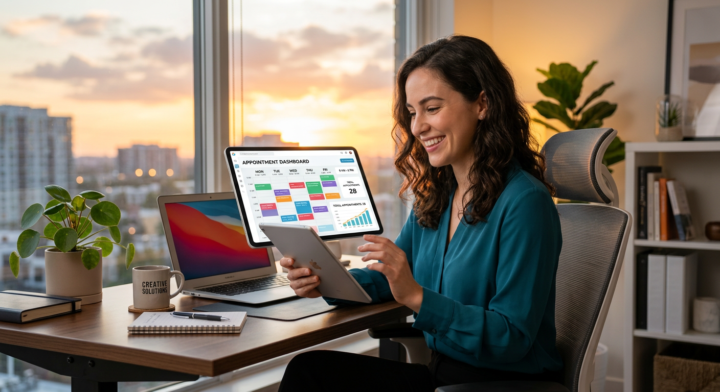 A professional woman in a bright home office, smiling while looking at her tablet, showing a dashboa