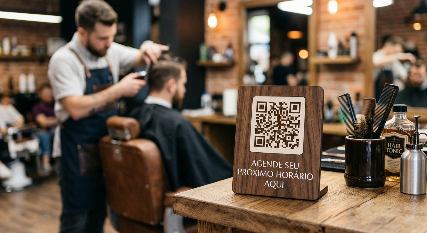 A close-up of a wooden counter in a modern barbershop, showing a small stylish sign with a QR Code a