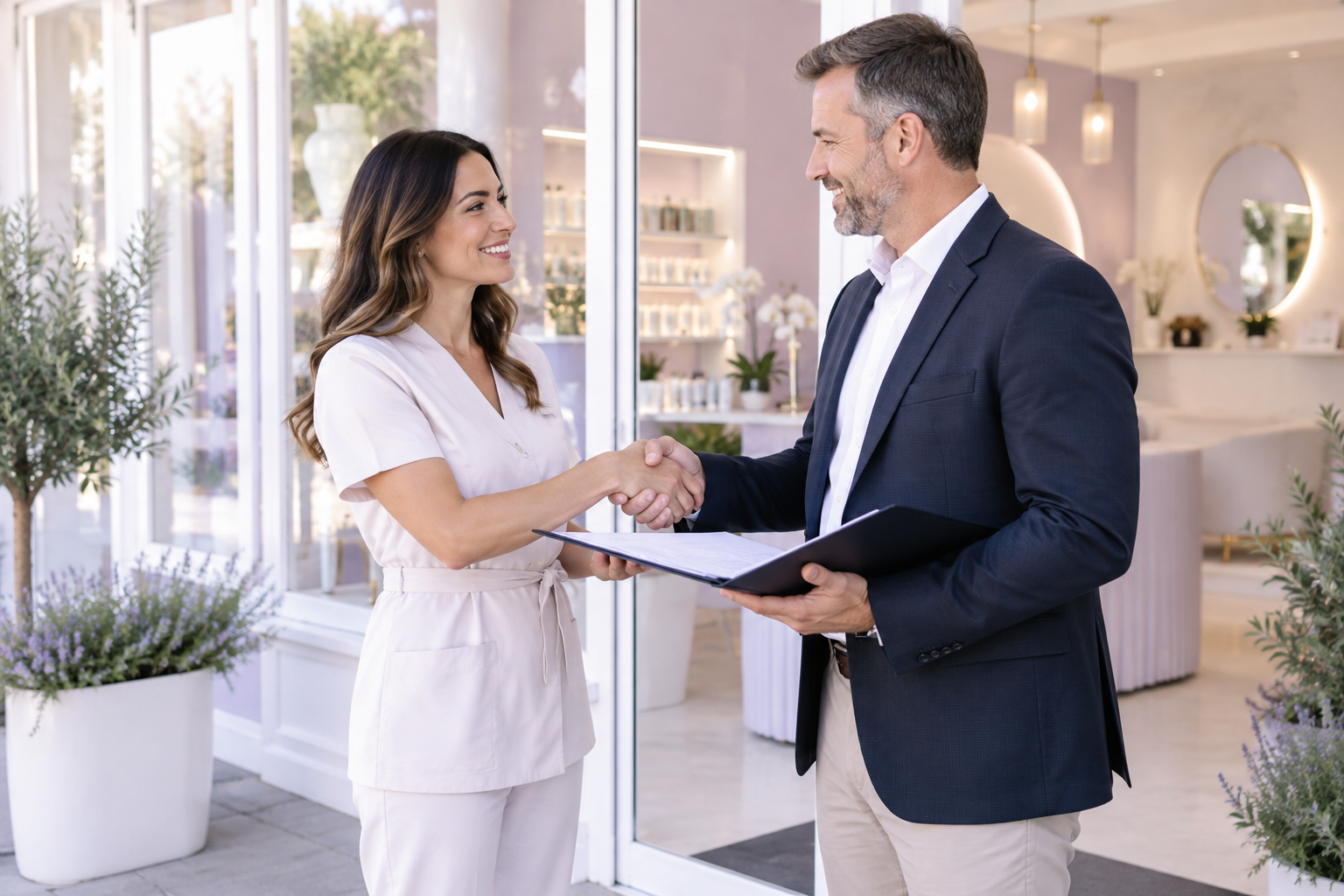 A business owner and a landlord shaking hands in front of a storefront, both holding a signed docume
