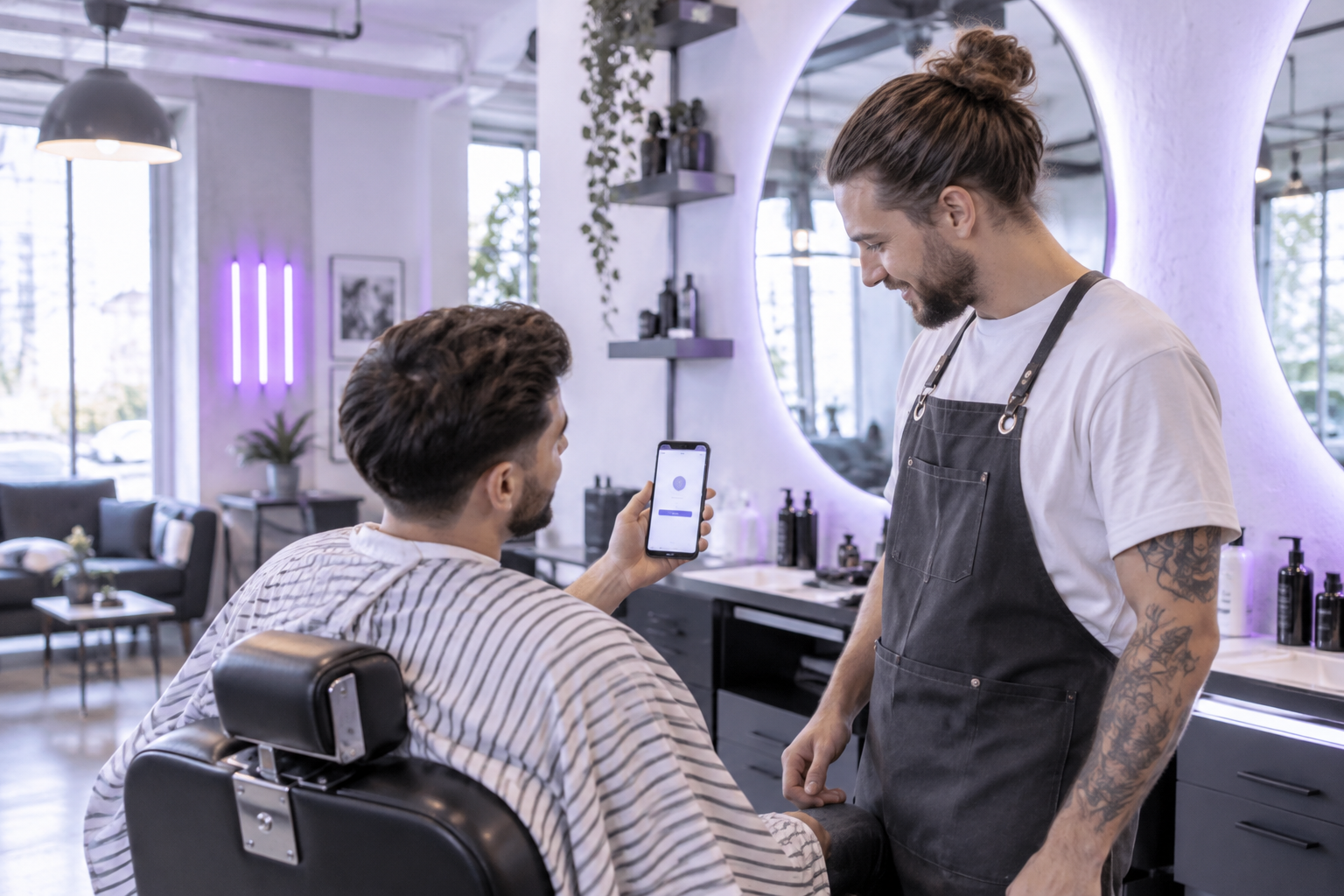 A modern barbershop interior with industrial decor, neon lights, and a customer showing a booking co