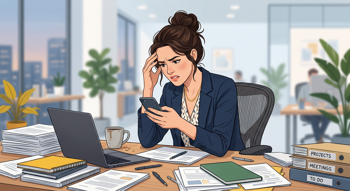 A busy professional woman looking at her phone with a frustrated expression while sitting at a desk 