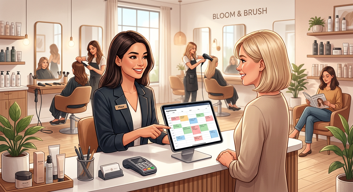 A clean and organized professional salon interior with a focus on a tablet showing an appointment ca