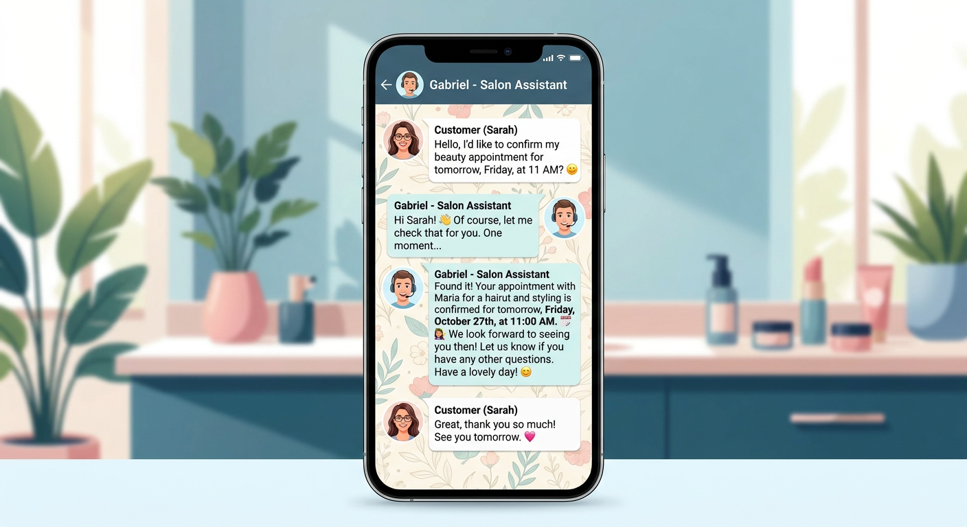 A smartphone screen showing a friendly WhatsApp conversation between a customer and the AI assistant