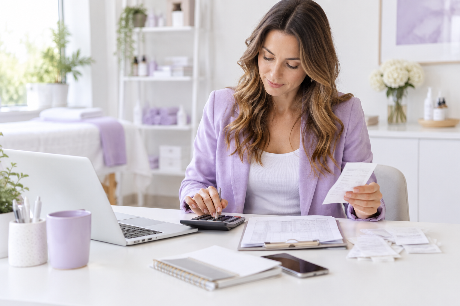 A professional service provider sitting at a desk with a laptop and a calculator, looking focused wh