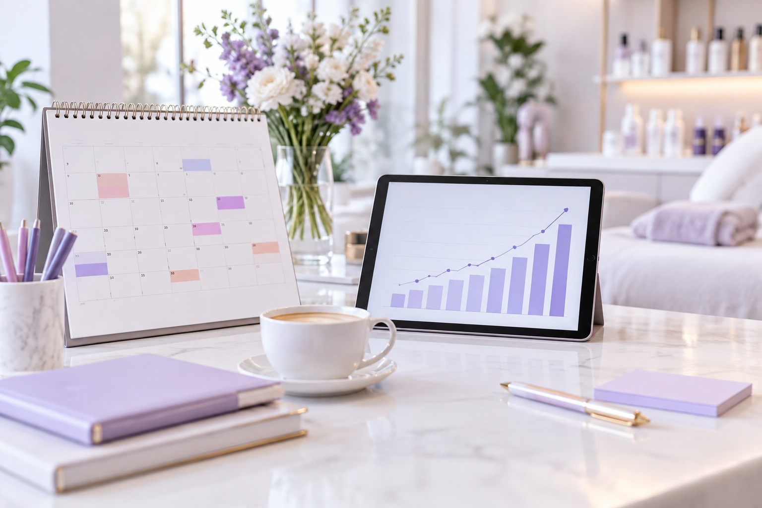 A calendar with colorful marks and a tablet showing a financial growth chart, bright and professiona