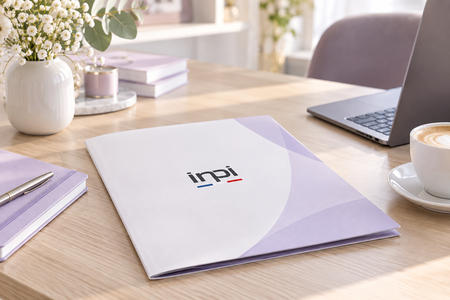 A close-up of a professional certificate folder with the INPI logo, resting on a clean wooden desk n