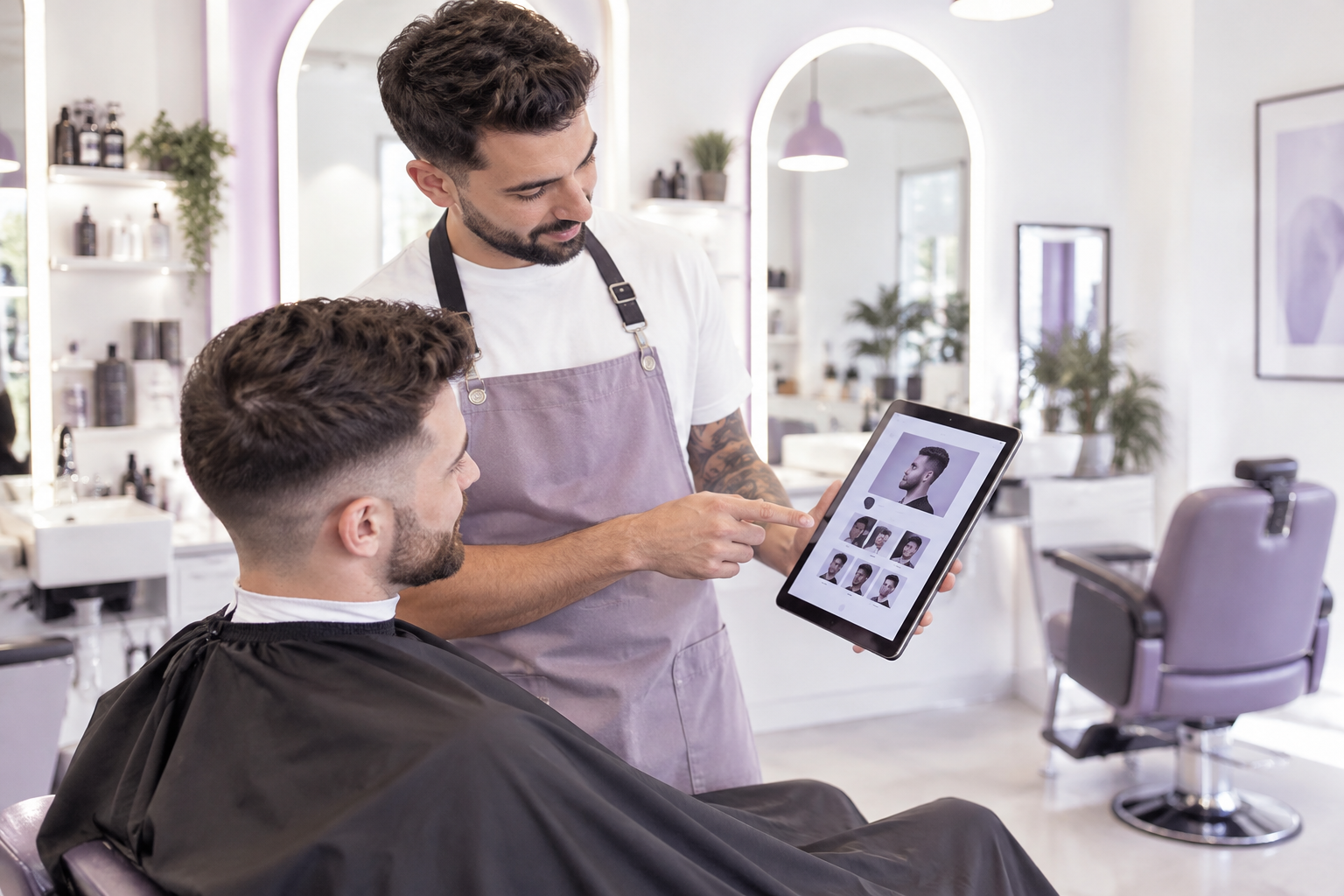 A modern barbershop interior with a focused barber showing a digital tablet to a customer, showcasin