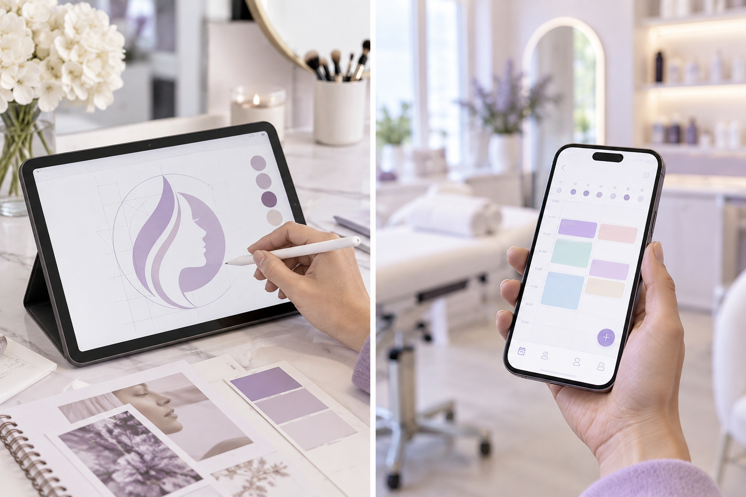 A split screen showing a professional logo design process on a tablet on one side, and the Orlina sc