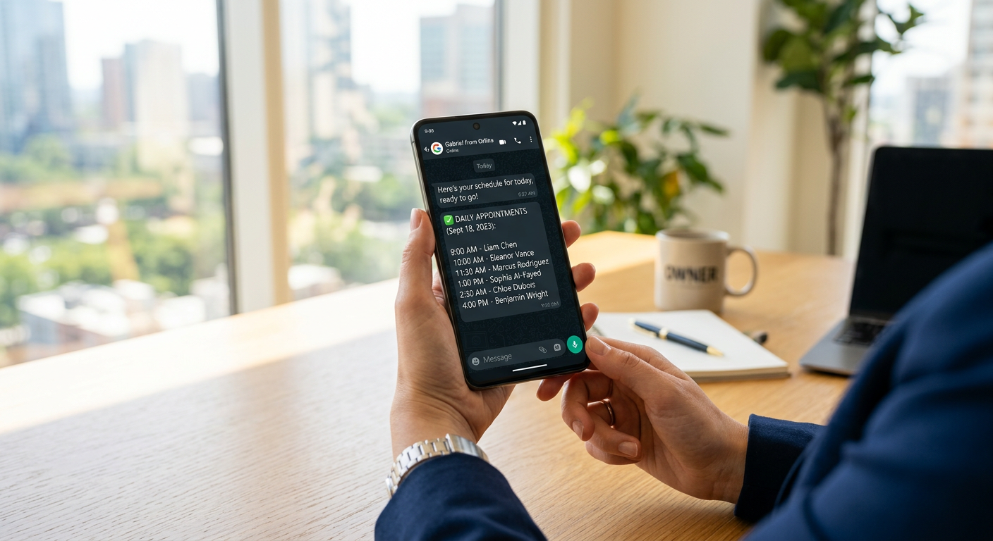 A close-up of a smartphone screen displaying a WhatsApp chat with Gabriel from Orlina, showing a cle