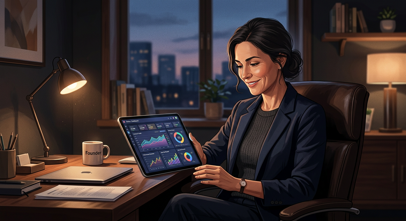 A professional business owner sitting in a cozy, dimly lit office at the end of the day, looking sat