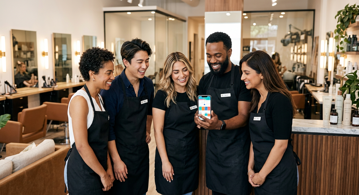 A diverse team of beauty professionals in a modern salon looking at a smartphone together during a m