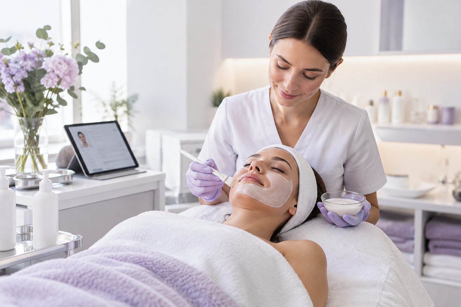 A beautician carefully applying a facial treatment while a digital tablet nearby shows the client's 