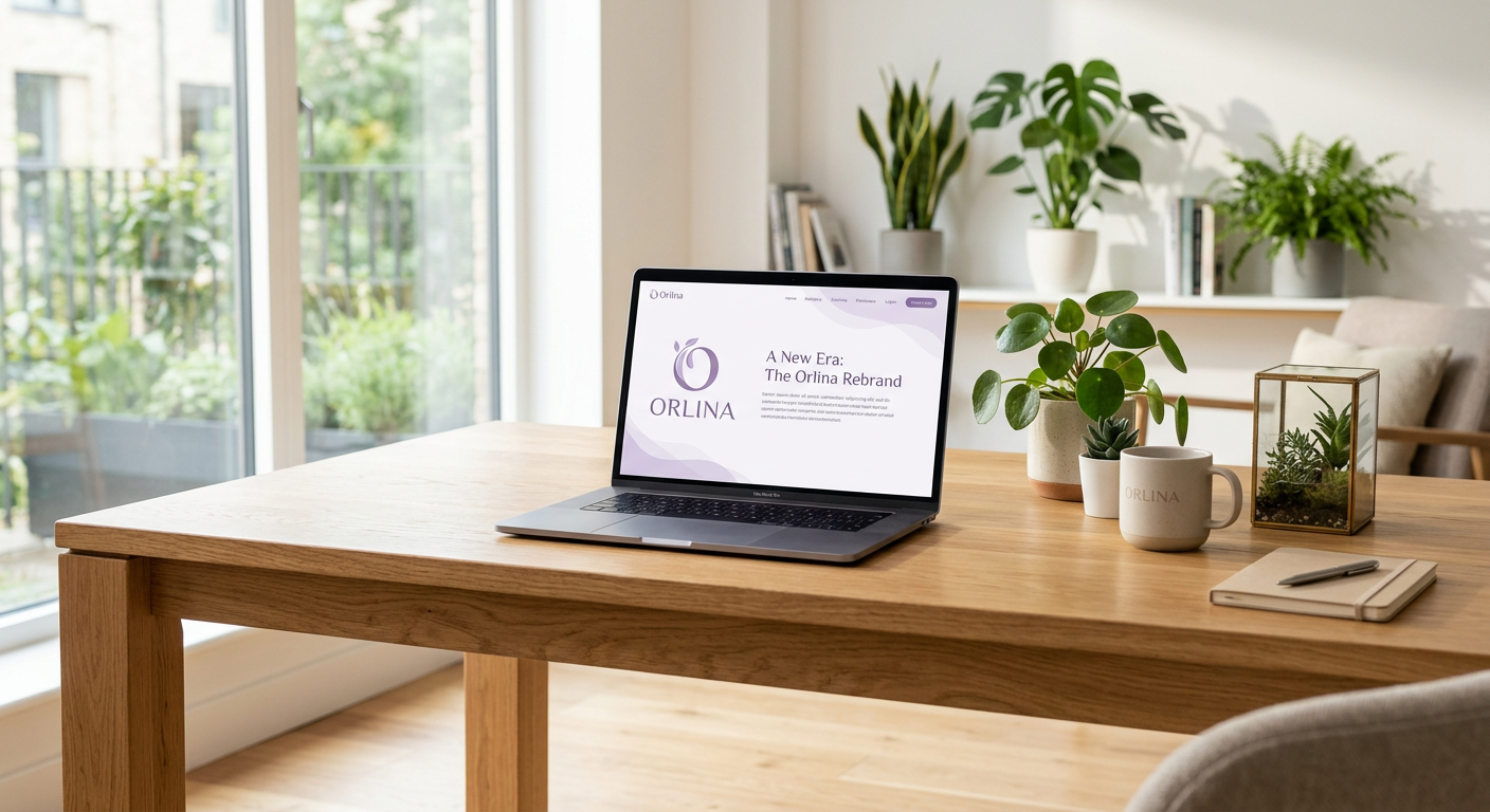 A modern, minimalist office environment with a large wooden desk, a sleek laptop showing the new Orl