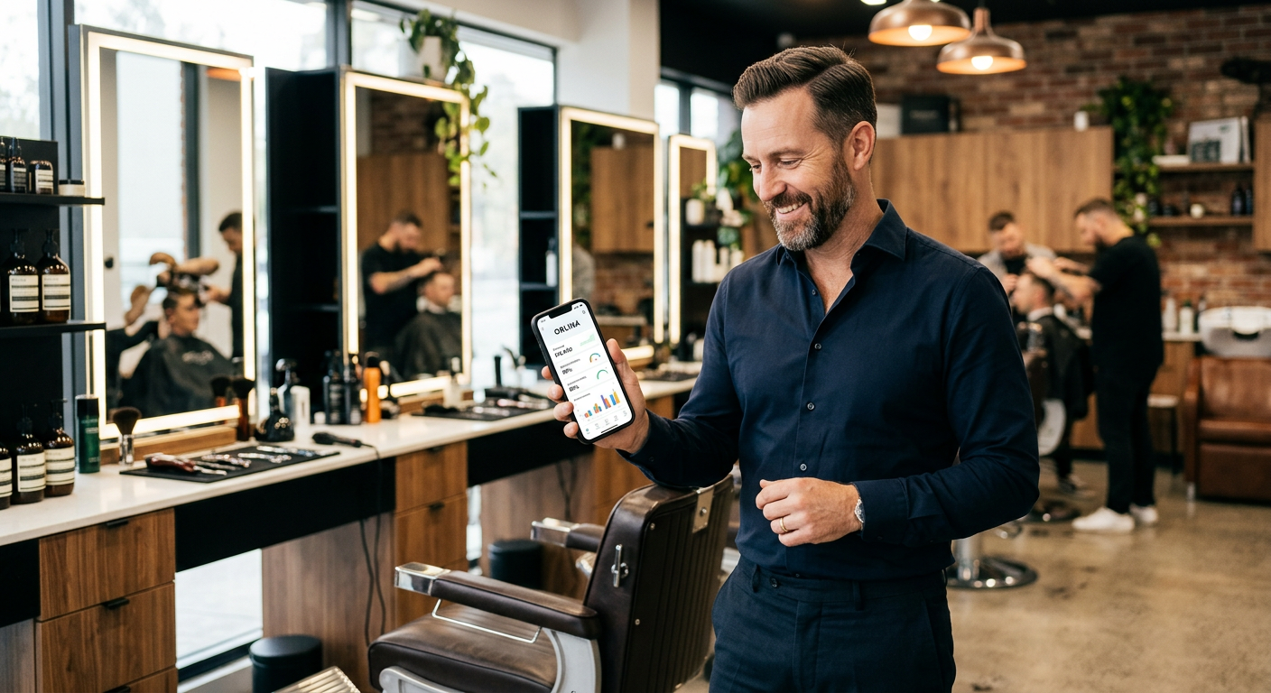 A satisfied business owner in a modern barbershop, holding a smartphone and smiling while looking at