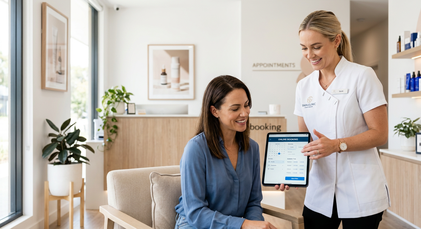A professional aesthetician in a white coat showing a tablet to a client in a bright, clean clinic,